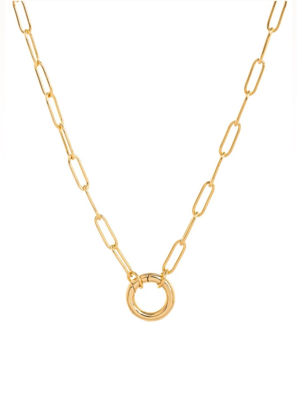 Necklace With Gold Tone Paperclip Chain & Circle Center Hinged Clasp, Add Charms